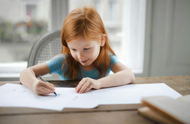 diligent small girl drawing on paper in light living room at home